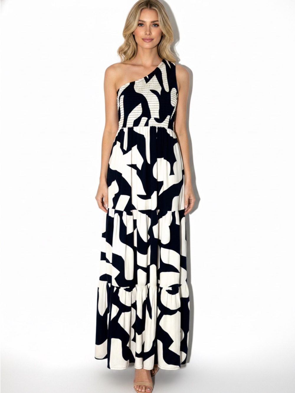Abel the Label Anthropologie Navy/Cream One Shoulder Maxi Dress